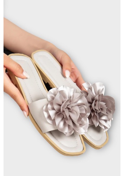 Kadın Gül Çicekli Hediyelik Bohçalık Çeyizlik Terlik GRİ modelleri