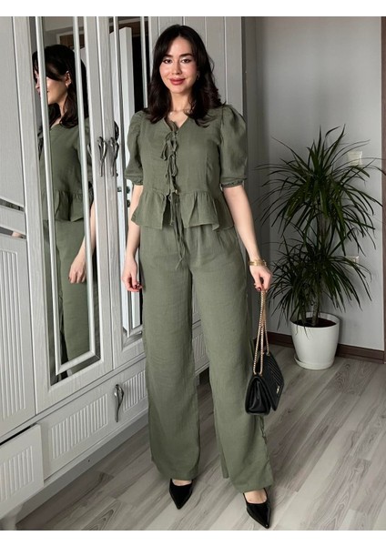 Kadın Haki Yeşil Ön Bağlamalı Bluz ve Pantolon Ikili Takım %100 Pamuk Müslin Alt Üst Takım modelleri