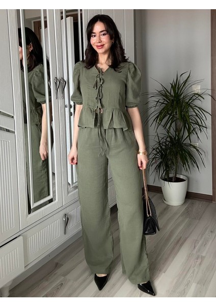Kadın Haki Yeşil Ön Bağlamalı Bluz ve Pantolon Ikili Takım %100 Pamuk Müslin Alt Üst Takım fırsatları