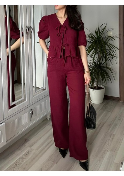 Kadın Bordo Ön Bağlamalı Bluz ve Pantolon Ikili Takım %100 Pamuk Müslin Alt Üst Takım fiyatları