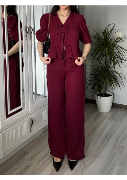 Kadın Bordo Ön Bağlamalı Bluz ve Pantolon Ikili Takım %100 Pamuk Müslin Alt Üst Takım modelleri