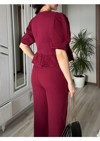 Kadın Bordo Ön Bağlamalı Bluz ve Pantolon Ikili Takım %100 Pamuk Müslin Alt Üst Takım fırsatları