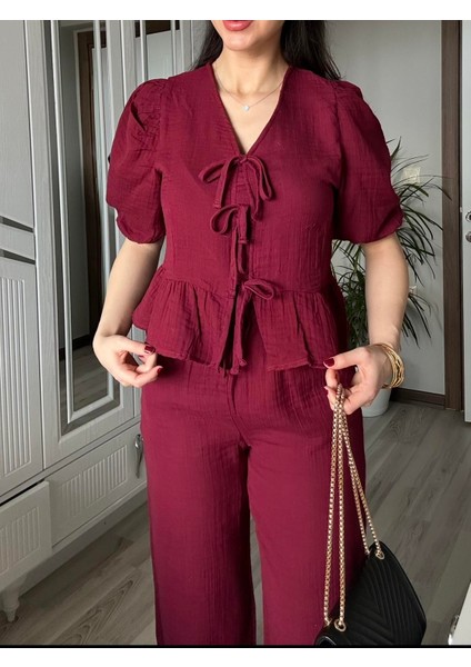 Kadın Bordo Ön Bağlamalı Bluz ve Pantolon Ikili Takım %100 Pamuk Müslin Alt Üst Takım indirimleri