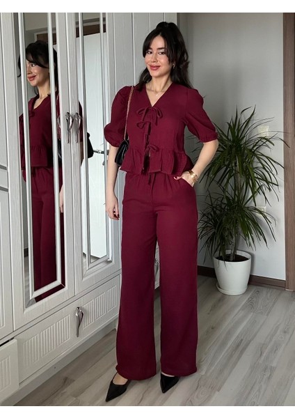 Kadın Bordo Ön Bağlamalı Bluz ve Pantolon Ikili Takım %100 Pamuk Müslin Alt Üst Takım