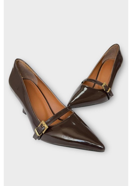 Kadın Tek Bant Tokalı Sivri Burun Topuklu Ayakkabı Kahverengi modelleri