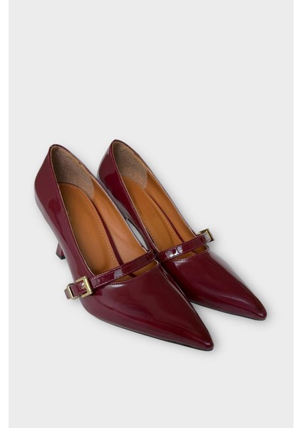 Kadın Tek Bant Tokalı Sivri Burun Topuklu Ayakkabı Bordo modelleri