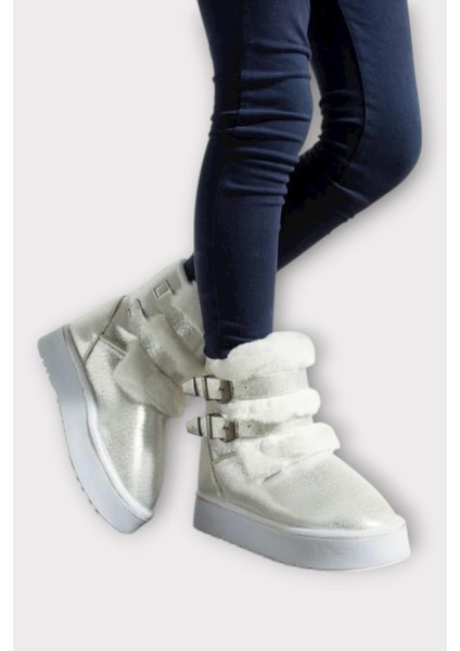 Içi Kürklü Çift Kemerli Kalın Taban Kız Çocuk Bot Beyaz