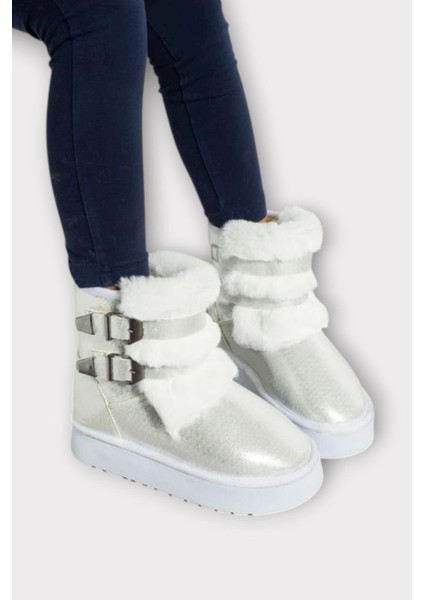 Içi Kürklü Çift Kemerli Kalın Taban Kız Çocuk Bot Beyaz modelleri