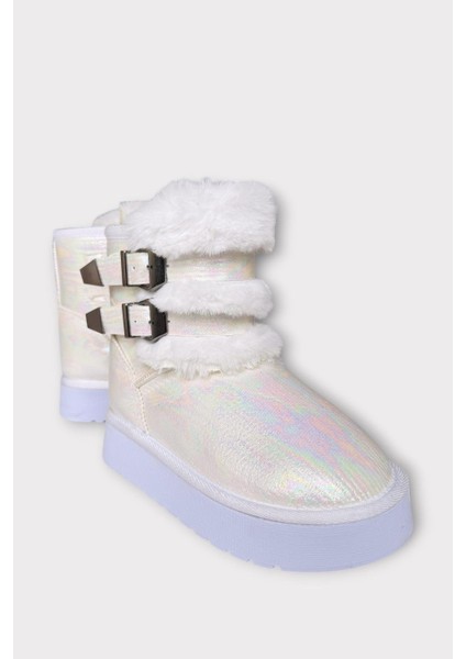 Içi Kürklü Çift Kemerli Kalın Taban Kız Çocuk Bot Beyaz indirimleri