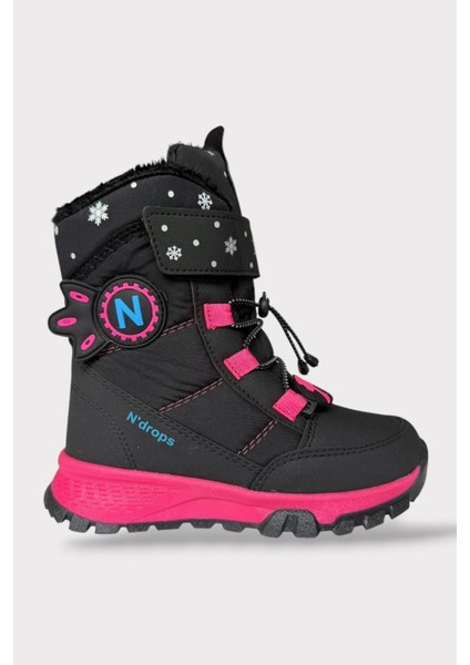 Kız Çocuk Su Itici Cırtlı Akıllıı Bağcıklı Kürklü Kar Botu Siyah - Fuşya
