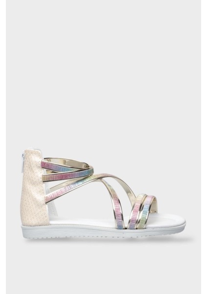 Kız Çocuk Fermuarlı Kaydırmaz Taban Bilekli Sandalet Bej