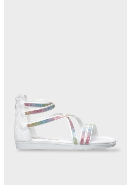 Kız Çocuk Fermuarlı Kaydırmaz Taban Bilekli Sandalet Beyaz