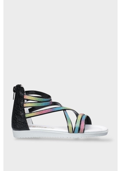 Kız Çocuk Fermuarlı Kaydırmaz Taban Bilekli Sandalet Siyah