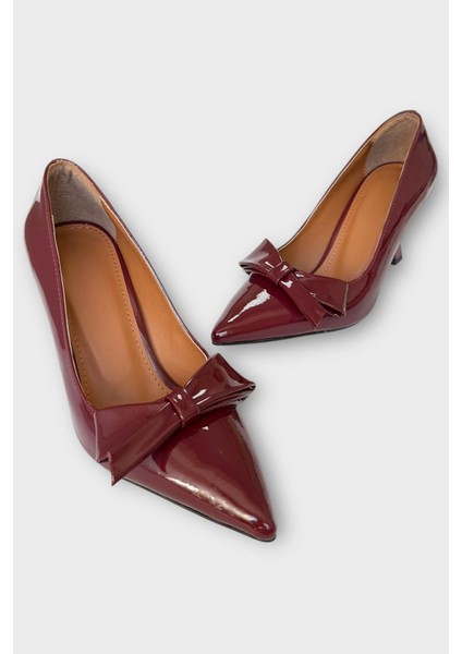 Kadın Fiyonk Tokalı Sivri Burun Topuklu Ayakkabı Bordo modelleri