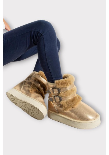 Içi Kürklü Çift Kemerli Kalın Taban Kız Çocuk Bot Bronz