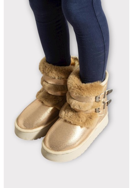 Içi Kürklü Çift Kemerli Kalın Taban Kız Çocuk Bot Bronz modelleri