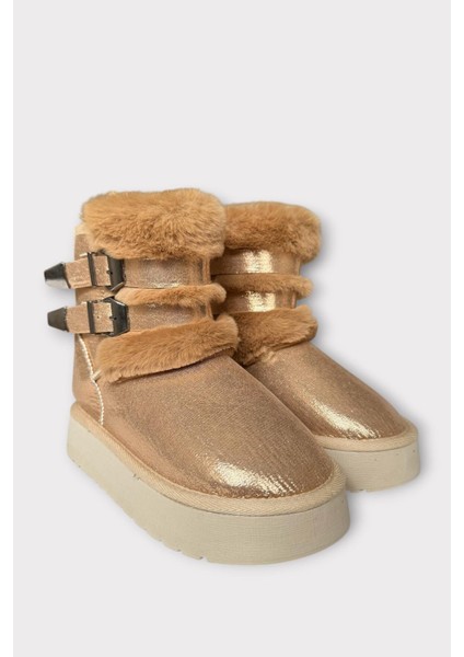 Içi Kürklü Çift Kemerli Kalın Taban Kız Çocuk Bot Bronz fırsatları