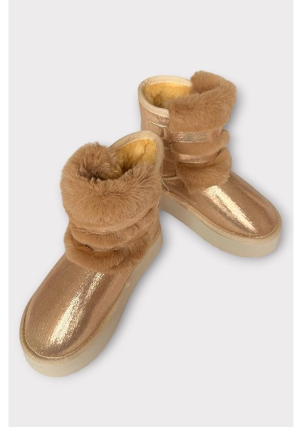 Içi Kürklü Çift Kemerli Kalın Taban Kız Çocuk Bot Bronz indirimleri