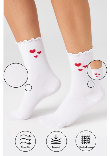 Bambu Kadın Beyaz Fırfırlı Lastiksiz Kalpli Kadın Soket 3lü Beyaz Çorap Iz Bırakmaz Sıkmayan Çorap modelleri