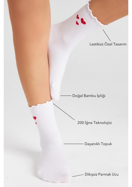 Bambu Kadın Beyaz Fırfırlı Lastiksiz Kalpli Kadın Soket 3lü Beyaz Çorap Iz Bırakmaz Sıkmayan Çorap