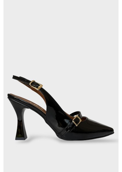 Kadın Tek Bant Tokalı Sivri Burun Arkası Açık Topuklu Ayakkabı Siyah