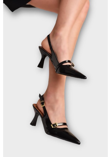 Kadın Tek Bant Tokalı Sivri Burun Arkası Açık Topuklu Ayakkabı Siyah fiyatları