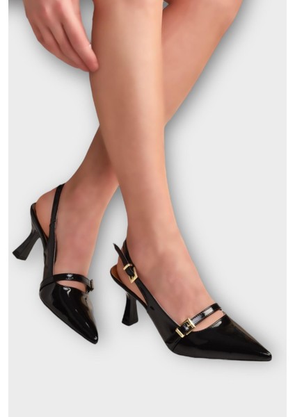 Kadın Tek Bant Tokalı Sivri Burun Arkası Açık Topuklu Ayakkabı Siyah modelleri