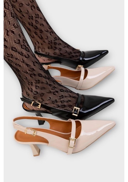 Kadın Tek Bant Tokalı Sivri Burun Arkası Açık Topuklu Ayakkabı Siyah indirimleri