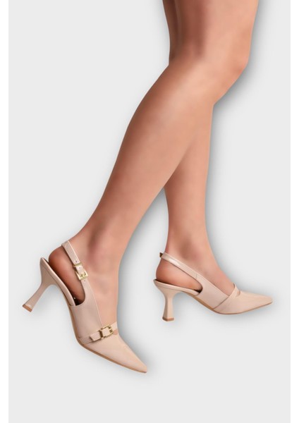 Kadın Tek Bant Tokalı Sivri Burun Arkası Açık Topuklu Ayakkabı Bej fiyatları