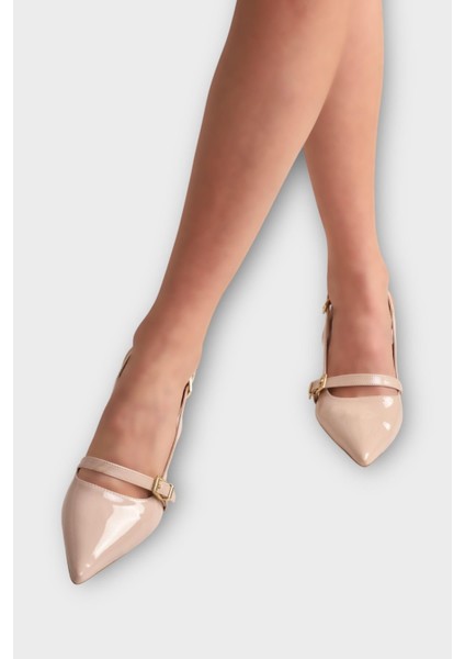 Kadın Tek Bant Tokalı Sivri Burun Arkası Açık Topuklu Ayakkabı Bej fırsatları