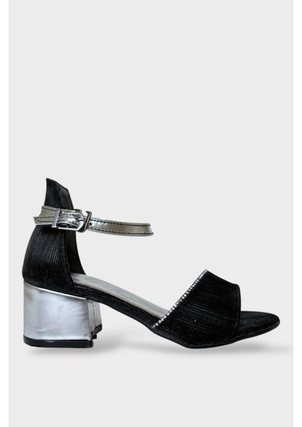 Kız Çocuk Simli Taşlı Bantlı Tapuklu Abiye Sandalet Ayakkabı Siyah