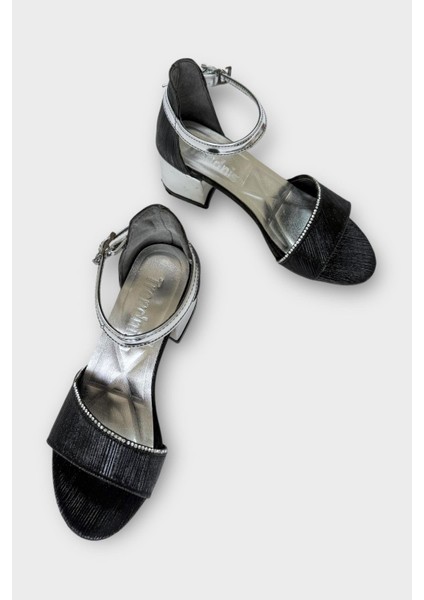 Kız Çocuk Simli Taşlı Bantlı Tapuklu Abiye Sandalet Ayakkabı Siyah modelleri