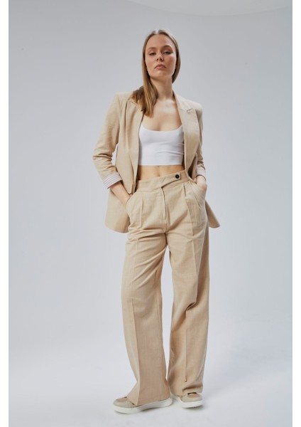 Kadın Keten Karışımlı Bol Paça Dokuma Pantolon