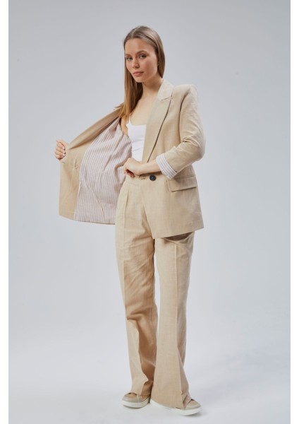 Kadın Keten Karışımlı Bol Paça Dokuma Pantolon