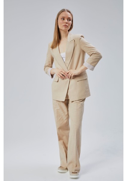 Kadın Keten Karışımlı Bol Paça Dokuma Pantolon