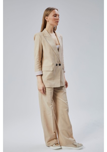 Kadın Keten Karışımlı Bol Paça Dokuma Pantolon