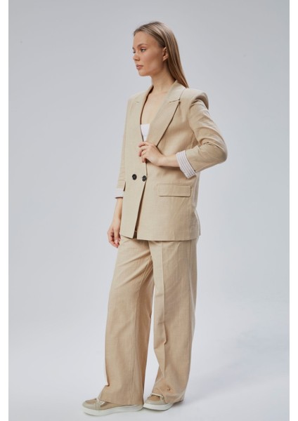 Kadın Keten Karışımlı Bol Paça Dokuma Pantolon