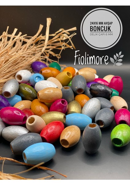 Oval Ahşap 24X16 mm Renkli Boncuk (50 Gram 25 Adet) Delik Çapı 6 mm Badem Tahta Boncuk