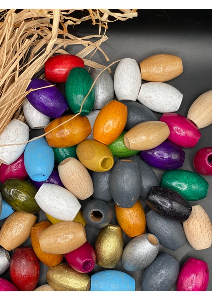 Oval Ahşap 24X16 mm Renkli Boncuk (50 Gram 25 Adet) Delik Çapı 6 mm Badem Tahta Boncuk modelleri
