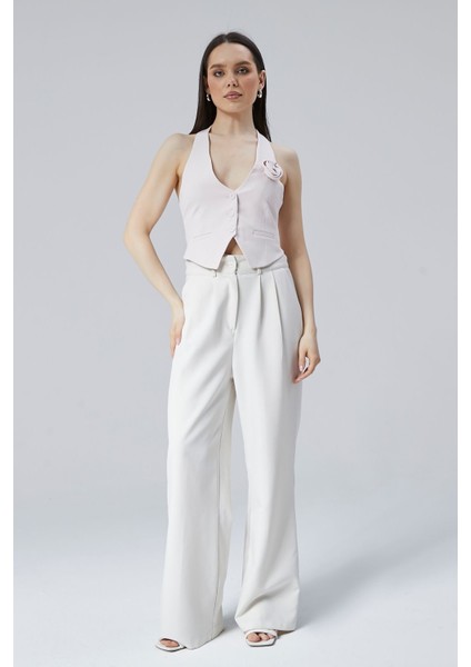 Açık Lila Gül Detaylı Astarlı Crop Yelek