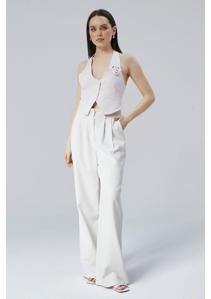 Açık Lila Gül Detaylı Astarlı Crop Yelek