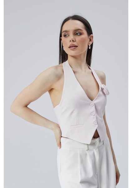 Açık Lila Gül Detaylı Astarlı Crop Yelek