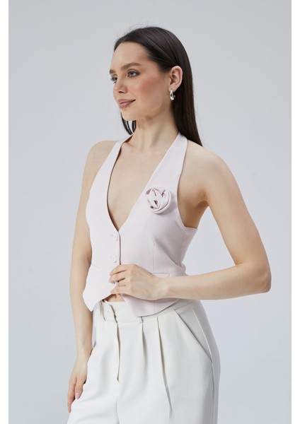 Açık Lila Gül Detaylı Astarlı Crop Yelek