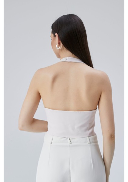 Açık Lila Gül Detaylı Astarlı Crop Yelek