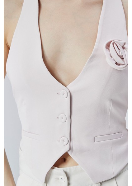 Açık Lila Gül Detaylı Astarlı Crop Yelek