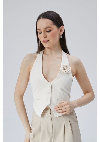 Kadın Astarlı Gül Detaylı Yelek