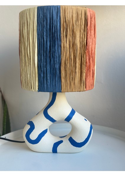 Seramik Mavi Çizgili Iskandinav Abajur