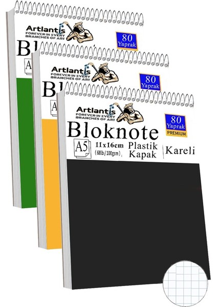 Telli Masaüstü Not Defteri Kareli A5 Orta Boy 3 Adet Masa Üstü Plastik Kapaklı Spiralli Bloknot Blocknote 80 Yaprak