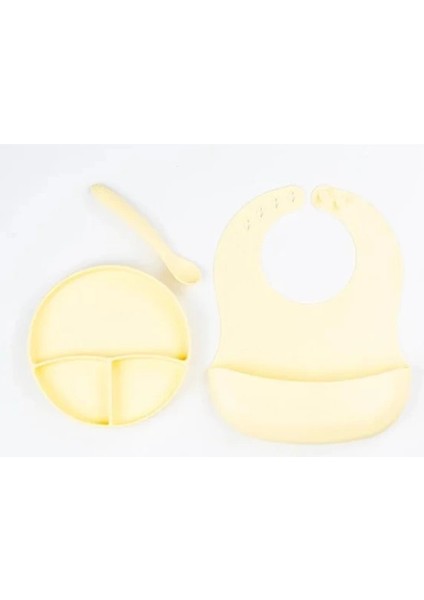 Sarı 3’lü Silikon Yemek Seti – Önlük + Diş Kaşıyıcılı Kaşık + Vakumlu Tabak