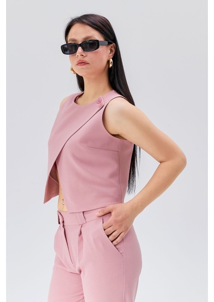 Pembe Regular Astarlı Omuzdan Düğmeli Yelek